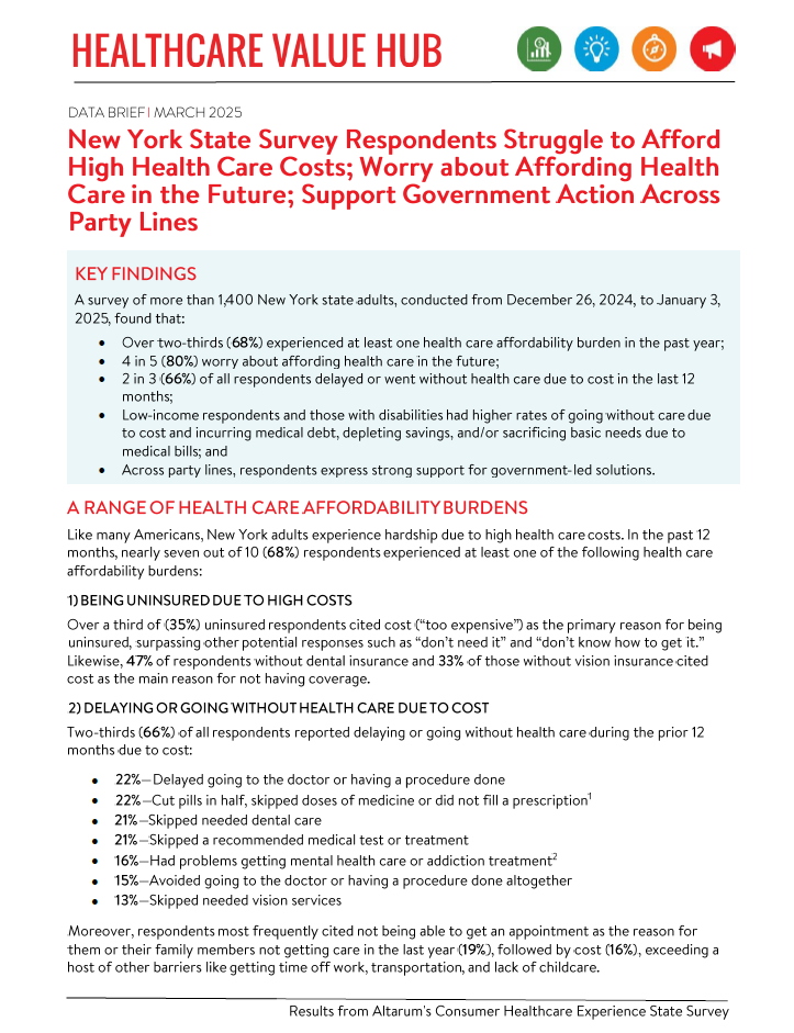 New York State Survey Respondents Struggle to Afford High Health Care Costs; Worry about Affording Health Care in the Future; Support Government Action Across Party Lines