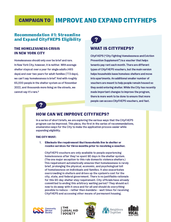 CityFHEPS Fact Sheet 1: Streamline and Expand Eligibility